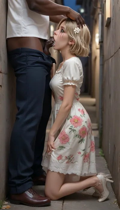 (Interracial), A 20-year-old thin woman in a short floral Summer dress gives a deepthroat blowjob to a clothed man in a dark alley, ((clothed man)), ((pants pulled down)), it's night outside, She's on her knees, throat blowjob, used, worn out, arms limp, legs limp, full-length shot, ruined makeup, blonde short hair, tears from the eyes, cum on face, cum in hair, cum in mouth, face turned away, dressed in a skirt and blouse, lace panties, stockings, high heels, after sex, pleading eyes, impregnation, impregnation insert, fertilization, large cock, <lora:makimacm44:1>, <lora:EnvyZoomSliderXL01:1>