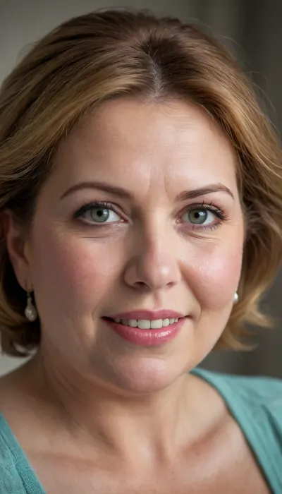 This is a highly realistic, detailed, and high-quality portrait of obese mature woman in her early to mid-60s, captured at a medium close-up, looking directly at the viewer with a warm and genuine expression.
Her hair is a rich chestnut brown, gracefully streaked with silver and gray, which is subtly styled, framing her face and highlighting her age with elegance. Her eyes are a striking feature, a piercing blue-green color that stands out vividly against her complexion. They convey warmth and a sense of depth and life experience.
Her face is characterized by a big, open-mouthed smile, revealing a full set of teeth and emphasizing her full, well-defined lips. The smile reaches her eyes, creating crinkles at the corners that speak of a lifetime of joy and laughter. Her skin, while showing the natural signs of aging with fine lines and a softer texture, appears healthy and well-maintained. There's a slight plumpness to her cheeks, consistent with a fat or chubby build.
She is wearing a low-cut silk camisole. The fabric appears soft and lustrous, draping over her ample bosom, which is quite large and prominently featured, consistent with the previous descriptions. The garment subtly highlights her curves.
The lighting in the image is soft and warm, casting gentle highlights and shadows that add depth and realism to her features. The background is softly blurred, likely a bokeh effect, ensuring that the entire focus remains on the woman and her expressive face. The overall impression is one of a confident, joyful, and mature woman embracing her natural beauty and age with grace.