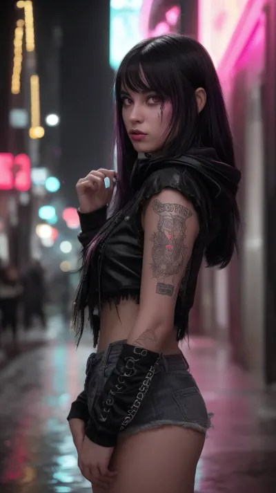 A hyper-real, cinematic portrait of a beautiful emo girl in a rain-slick neon alley at midnight, jet-black layered hair with vivid magenta tips whipping in the wind, side-swept fringe half-hiding one tear-rimmed hazel eye, heavy charcoal eyeliner, silver lip-ring catching the glow of flickering streetlights, ripped black hoodie covered in hand-stitched band patches, puddles mirroring electric-pink and cyan signage, soft mist swirling, razor-sharp focus on her face, bokeh city lights, high-contrast chiaroscuro, volumetric lighting, 35 mm lens, f/1.4, Kodak Portra 800 film look, ultra-detailed skin texture, epic mood, 8 k resolution