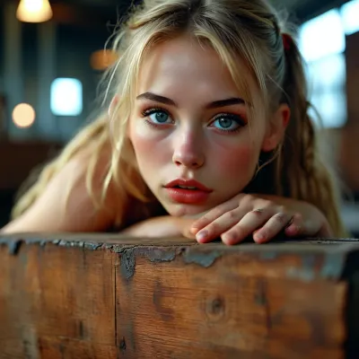 Ultra Realistic photography, ultra high quality, from below, Agfa vista, 18 years old woman is bending over a wooden box, in an old abandoned factory, night outside, well-built body, large sized boobs, round boobs, lovely young face, square face form, seductive view, view to viewer, expressive eyes, glossy eyes, eyeliner, red cheeks, long blonde hair, pigtails, snub nose, symmetrical eyes, highly detailed lips, highly detailed fingers, highly detailed teeth, highly detailed eyes, highly detailed iris, skin pores, mat skin, skin texture, manicure, foggy, Fujifilm, Kodak Portra 400, vintage photography, but, <lora:MJ52:.8>, <lora:BUT_SDXL_SHS:.8>