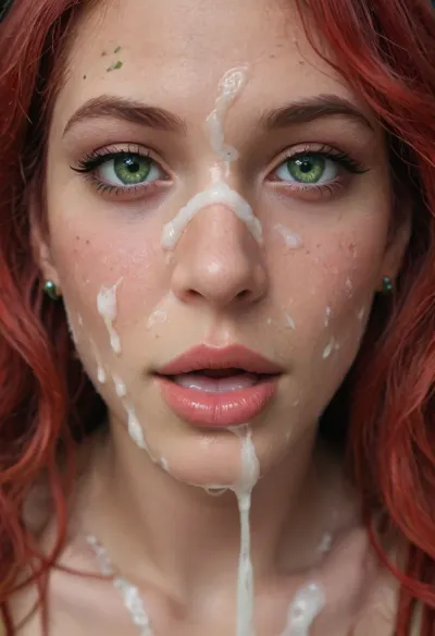 Masterpiece, best quality, best resolution, photorealistic, Beautiful, sexy, cute 20 year old girl, Poison Ivy, (DC comics), naked, (red hair), (long straight hair:1.8), (bright green eyes), medium breasts, (large nipple areola), perky nipples, wide hips, (plants on forehead), (swimsuit, tan line), (1 man), (zoom in on penis), (he is lying on his back), (only penis is visible), big shaved testicles, (14 inch penis), excessive cum dripping from the penis, excessive cum on penis, excessive cum on balls, projectile cum, ejaculation, (big penis, masturbating, handjob), (1 girl), happy, (moaning:1), excessive cum on face, excessive cum on breast, Facial, cum, on, face, breast, covered, in, perfect, ((Facial:1.6)), (front view), (Macro photo), (close up:1.8), (black background), uma, poison, ivy, <lora:uma poison ivy:.8>