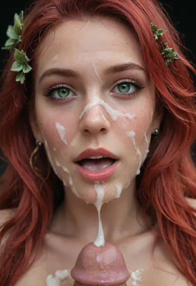 Masterpiece, best quality, best resolution, photorealistic, Beautiful, sexy, cute 20 year old girl, Poison Ivy, (DC comics), naked, (red hair), (long straight hair:1.8), (bright green eyes), medium breasts, (large nipple areola), perky nipples, wide hips, (plants on forehead), (swimsuit, tan line), (1 man), (zoom in on penis), (he is lying on his back), (only penis is visible), big shaved testicles, (14 inch penis), excessive cum dripping from the penis, excessive cum on penis, excessive cum on balls, projectile cum, ejaculation, (big penis, masturbating, handjob), (1 girl), happy, (moaning:1), excessive cum on face, excessive cum on breast, Facial, cum, on, face, breast, covered, in, perfect, ((Facial:1.6)), (front view), (Macro photo), (close up:1.8), (black background), uma, poison, ivy, <lora:uma poison ivy:.8>