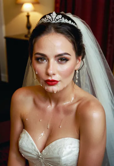 a full body image, bukkake, cumshot, facial portrait picture of the Bride face in cum facial, with heavy makeup and a lot of makeup, a lot of Cum on her face, cum on her long black eyelashes, Cum on her eyelids, Cum on her cheek skin, her face wet with Cum, Cum on her red lips. cum on her wedding tail., woman, cum, on, face, <lora:JustCum:1>