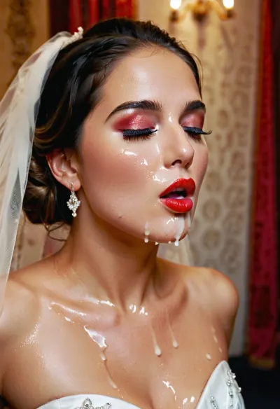 a full body image, bukkake, cumshot, facial portrait picture of the Bride face in cum facial, with heavy makeup and a lot of makeup, a lot of Cum on her face, cum on her long black eyelashes, Cum on her eyelids, Cum on her cheek skin, her face wet with Cum, Cum on her red lips. cum on her wedding tail., woman, cum, on, face, Blowing, A, Kiss, From, Hand, <lora:JustCum:1.7>, <lora:323398_training_data:1>
