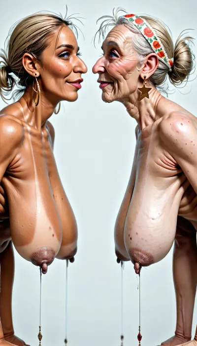 (((59yo tanned german blond granny women))), ((beautiful face)), narrow waist, ((((women side view)))), (((slim face and curvy body))), (naked), (blond Bob haircut), [Saggy boobs], (((hanging boobs))), (((old hanging saggy tits))), (((old empty tits))), (((old saggy boobs))), (((saggy breasts))), (((saggy tits))), ((((large breasts)))), beautiful open eyes, smile lascivious at the viewer, ((no makeup)), in the garden. necklace, errings, breezy, (tan lines:1.5), (side view:1.5), (looks at me:1.6), (roughly fucked by angry horse), (huge, giant, fat, horse)