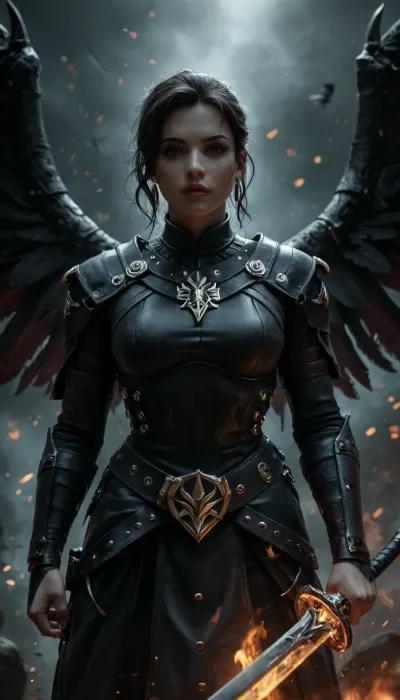 She is a striking and formidable presence, a woman forged by battle, bound by pacts, and driven by vengeance. At 40 years old, she carries the air of someone who has stared down both mortal threats and unknowable powers. Her steely grey eyes are sharp and unreadable, set into a face of fair skin weathered by war and lit by quiet intensity. Her black hair is swept back with disciplined care lending a dignified edge to her otherwise grim demeanor.

Her form is clad in dark half-plate armor, functional yet marked with faint, arcane etchings that seem to shift subtly in the light. Slung across her back is a large shield emblazoned with a phoenix, a symbol of burning judgment, resurrection, and undying purpose.

At her hip rests Dragonclaw, a masterfully forged silvered rapier. Its blade gleams with moonlit sharpness, able to pierce both flesh and the unnatural. The hilt is fashioned like a dragon’s talon clenching a garnet that pulses faintly with eldritch energy — a perfect synthesis of elegance, danger, and arcane force.

Once a duelist of the College of Swords, she fought with style, precision, and a flair that masked deeper wounds. But performance gave way to desperation when she sought out forbidden power — and found her.

Her warlock patron is a dark, mysterious lady known only in shadows and fragments. She speaks in riddles, in lullabies turned unsettling, her voice like silk over razors. Her presence is cloaked in moonless night, veiled in illusions and dreams. She never shows her true face — only silhouettes, shifting masks, or reflections in still water. Whether out of mercy, pride, or a deeper game, she does not know. But her unseen eyes are always on her. Her gifts are potent — fire that does not burn, whispers that carry through silence, and truths that twist like blades.

Years later, when betrayal seared what remained of her idealism, she took the Oath of Vengeance. She no longer believes in mercy for the wicked, only the pursuit of justice, unflinching and absolute. Now, every strike of her blade carries not just skill, but wrath, hers, the divine’s, and perhaps her patrons.

She is not a hero, nor a villain. She is a reckoning. A blade guided by shadowed hands, a woman driven by purpose and haunted by beauty she will never see unveiled. Where she walks, silver flashes, fire flickers, and justice, one way or another, is done.

realistic detailed face, realistic detailed hair, realistic detailed body, realistic detailed skin, random view angle, random pose, detailxl, hkstyle, <lora:dark:1>, <lora:add-detail-xl:1.5>, <lora:style_lora_realis:.5>, <lora:hkstyleV5:.8>