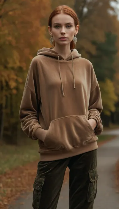 (photo taken in perfect autumn landscape, out of town:1.2), photo shows complete Person, dynamic, realistic, perfect lighting, (best shadows), 8K, UHD, clear image, (best lighting), best quality, ultra detail, fine detail, high resolution, 8k wallpaper, masterpiece, one female, (European nordic type woman 30 years old:1.5), ((skinny with slender breasts, perky tits:1.4)), (((skinny, small, petite, height 175 cm, long perfect legs, perfect round ass, autumn narrow waist, wide hips:1.5))), (detailed green eyes, short red hair, shoulder length hair, tied in a braid at the back, individual hair strands in face:.8), (very detailed face, beautiful, light freckles, tanned skin, full lips), ((wearing a detailed shimmering dark beige velvet oversize hoodie, long sleeves, big earrings:1.5), (camouflage military cargo pants, cotton fabric:1.5)), boots, (backpack:1.5), hitchhiker