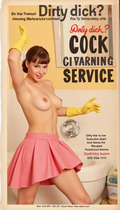 (50s style advertisement poster:1.2), (shy girl in a pink micro skirt), (in a bathroom), (yellow rubber gloves), (thick lips), (making blowjob gesture, rounded lips, open mouth), (headline text "Dirty dick? Cock cleaning service. Call today! 202-456-1111":1.4), (readable text)