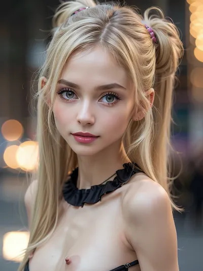 ((Close-up girl)), (((skinny))), upper body, (((petite young girl))), (((small snub nose))), (big eyes), super realistic photography, perfect lighting, (best shadow), 8K, UHD, clear image, (best lighting), highest quality, super detailed images, fine details, high resolution, 8k wallpaper, masterpiece, wide angle, super detailed NSFW clothing, super detailed photography, (((very cute face))), very petite, seductive Russian girl, (((18 years old))), ((smirk)), (((very long blonde hair messy thin pigtails))), (((shiny skin))), long hair, (((blush))), (lipstick), tiny crop top, garter belt, (((Long nipples))), (((standing))), (((tiny micro skirt))), visible panties, (((Flashing Tits))), (((shirtlift))), ((super detailed professional photography)), photorealism, DSLR camera, best quality, best resolution, with UHD resolution, perfect composition of light and shadows, the brightest image, clear focus, depth of field, skinny, perfectly detailed skin texture, perfectly symmetrical face, perfectly detailed sparkling eyes, perfect highlighted hair, 32k, 50 mm lens, 1/250 s, f/2.8, ISO 300, big tits, perfect lights, ziprealism, detailxl, res, 8k, raw, photo, epiCNegative, <lora:photorealistic02:.3>, <lora:weight_slider_v2:-1>, <lora:Japanese-doll-likeness:.3>