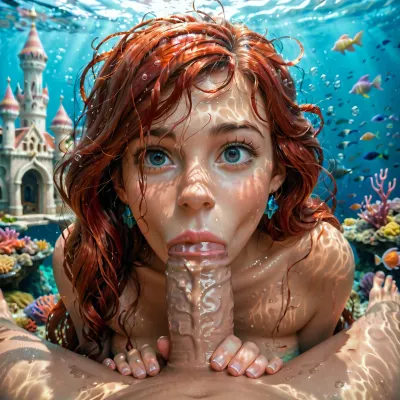 disney, redhead Princess ariel, the little mermaid, mermaid body, topless, messy hair, looks curious, wet body, wet hair, detailed background, perfect detailed body, detailed skin texture, cute face, realistic face, full body view, under the sea, sucking dick, deepthroat, happy, enjoying, stroking dick, pov, nude, breast exposed, FRESHIDEAS, Underwater, Palace, mermaid, pov_deepthrt, deepthroating, a, man's, penis, blsdp, <lora:FRESHIDEAS Underwater Palace:.8>, <lora:mermaid_xl_v1:.8>, <lora:concept_pov_dt_xl2-000020:.8>