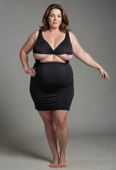 Full body shot, 50 year old woman, green eyes, black thin dress, obese, chubby, wide hips, curvy, small floppy breasts, sagging breasts, deflated breasts, tan lines, brown hair, upturned nose, SaggySlimXL, flat, chest, big, breasts, huge, gigantic, wide, hips, thighs, thick, plump, belly, female, fat, arms, extra, <lora:updated_saggy_slim:1>, <lora:clothed_small:.5>, <lora:Venus_Body_Alpha:.8>