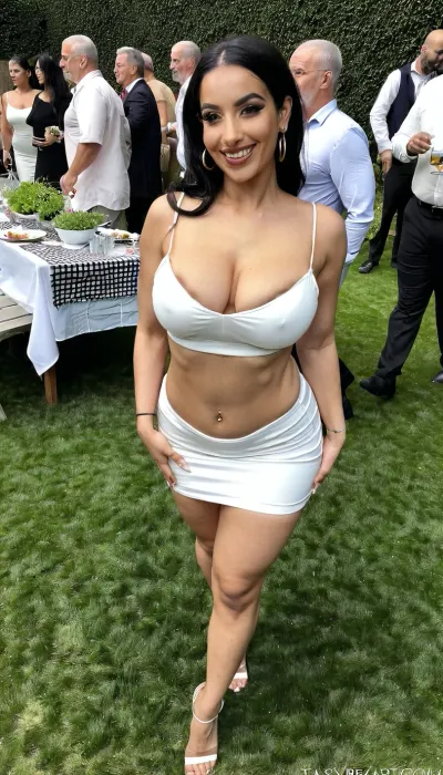 wearing a, white short dress, earrings, walking at a gardenparty, crowd, 35 year old beautiful curvy arab babe, tan skin, flat stomach, slender waist, wide hips, seductive smile, long black hair, top, spaghettitop