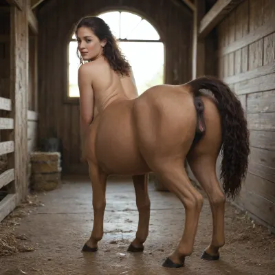 female centaur, realistic, from behind, hairy equine pussy, equine anus, seductive, bedroom eyes, in heat, hooves, looking over shoulder, big ass, Farm