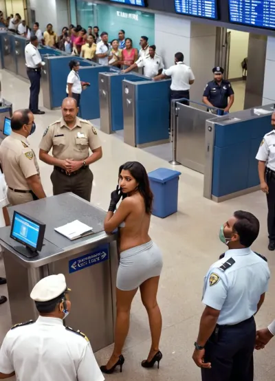 inside a TSA security checkpoint at a busy airport, ((travelers going through a security checkpoint)), cctv footage, high angle, 3/4 view, a gorgeous dark brown skin south indian woman gets a cavity search in public airport security checkpoint, metal detector wand, (airport security agents are pulling her clothes off), several fully clothed men stand behind her grabbing her and fondling, ((squeezing her tits:1)), she's being stripsearched, (she's wearing fitness attire, the men are wearing airport security attire, facemasks and medical gloves), fingers inside pussy, she looks very upset, they all look at each other, Tashruva, CCTV, Style, (she has furled brow), (many, hands, caress, a, woman's, body:1), airport, crowd, <lora:Tashruva-10:1>, <lora:SDXL-CCTV-Style-Lora:1>, <lora:realfilm_xl_v1:1>, Airport, <lora:JJsAirport_XL:.8>