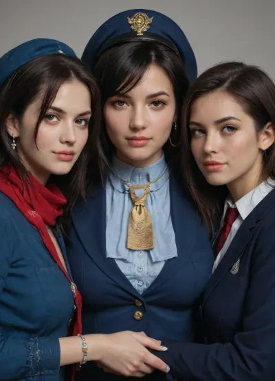Beautiful Samus Aran, tifa lock hart, Cortana, 3 girls standing side by side, 3 girls similar still, portrait of female flight attendants standing confidently against a plain beige background. She has a bright smile and friendly expression, with neatly styled hair adorned by a blue hat. Her attire is a fitted dark blue uniform dress that highlights her professional demeanor, complemented by a matching neck scarf. Accessories include a name badge attached to her uniform, full sleeves, a blue bracelet, and sheer black tights. The lighting is soft, highlighting her facial features while maintaining a polished look. The composition is centered, emphasizing her pose and attire, creating a portrait that exudes professionalism and approachability, curvy body, huge natural breasts, breasts covered.