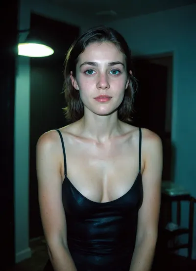 (nighttime), (no ambient light), (single harsh flash from the camera), (overexposed flash highlights on subject), (sharp shadows behind and around her), (noise in all darker areas), (wet surfaces reflecting small highlights), (flat lighting due to direct flash), (cool white balance:1.3), (cyan-tinted shadows from digital camera sensor), (fluorescent-like artificial lighting tint), (background remains visible due to flash, but lacks blur or depth separation), (realistic dark environment with high flash contrast), (full body), (scene "Myspace"), (2000s), (90s digital aesthetic), (flat chested), (low quality photo), (old camera), (flash photo), (gritty), (realistic environment), (analogic style), (film grain), (low contrast), (unfiltered), (jpeg artifacts), (unedited), (cellphone photography), (no ambient lighting), (lights off), (Polaroid flash camera), (cool indoor lighting), (direct flash photography), (overexposed flash), (strong shadows), (sharp shadows), (low contrast:2), (noise in dark areas), (shiny reflections on surfaces), (sharp background), (background in focus), (no background blur), (clear background details), (fluorescent lighting tint), (cyan-tinted shadows), (artificial lighting with cyan hue), (Scene-Queen), (optional), (Myspace), (picture), (bad quality), (old digital camera), (raw), (light leak), (low res), (low quality), (90s style), (80s), (analogic), (1990s)