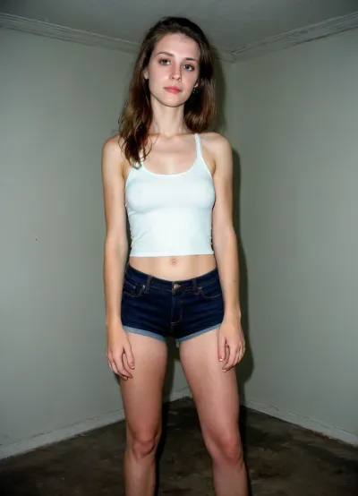 (((accidentally taken photo:2))), (((accidentally pose:2))), (((candid photo))), (((amateur photo))), (nighttime), (no ambient light), (single harsh flash from the camera), (overexposed flash highlights on subject), (sharp shadows behind and around her), (noise in all darker areas), (wet surfaces reflecting small highlights), (flat lighting due to direct flash), (cool white balance:1.3), (cyan-tinted shadows from digital camera sensor), (fluorescent-like artificial lighting tint), (background remains visible due to flash, but lacks blur or depth separation), (realistic dark environment with high flash contrast), (full body), (scene "Myspace"), (2000s), (90s digital aesthetic), (flat chested), (low quality photo), (old camera), (flash photo), (gritty), (swamp), (realistic environment), (analogic style), (film grain), (low contrast), (unfiltered), (jpeg artifacts), (unedited), (cellphone photography), (no ambient lighting), (lights off), (Polaroid flash camera), (cool indoor lighting), (direct flash photography), (overexposed flash), (strong shadows), (sharp shadows), (low contrast:2), (noise in dark areas), (shiny reflections on surfaces), (sharp background), (background in focus), (no background blur), (clear background details), (fluorescent lighting tint), (cyan-tinted shadows), (artificial lighting with cyan hue), (Scene-Queen), (optional), (Myspace), (picture), (bad quality), (old digital camera), (raw), (light leak), (low res), (low quality), (90s style), (80s), (analogic), (1990s)