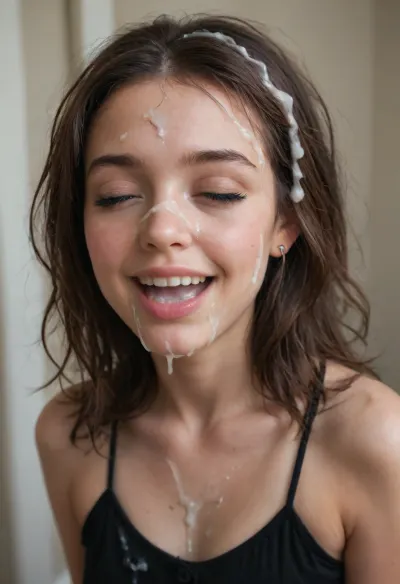 score_9, score_8_up, ultra high detailed, photorealistic, ultra detailed, upper portrait, cute face, black summerdress, skinny body, brunette hair, messy hair, (huge cum in hair:1.4), small breasts, happy face, open mouth laughing, closed eyes, woman, cum, on, face, facial, expression, <lora:JustCum:1>, <lora:Expressions XL:1.3>