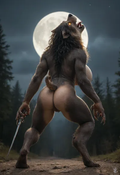 Medieval.random angle, Rear view. Fantasy art.high definition. female werewolf, furry, howling under full moon, massive breasts, modern-werewolf, full naked, very wide hips, a big bulging pussy, claws on her hands, glowing eyes, big sharp claws, fangs, long black fur, she was overcome with sexual passion at the thought of all the men who would soon fuck her.
