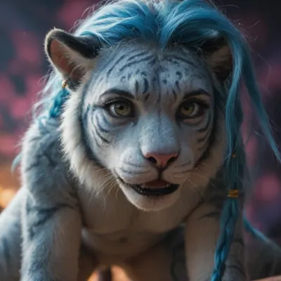jinx lol, doggystyle, deep penetration, hard sex, Highly detailed Dynamic shot of texture fur adorable pink and blue tiger, extremely detailed fur, High quality texture, intricate details, detailed texture, High quality shadow, Cinematic Light, Depth of field, light source contrast, cosmic jungle background filled with clouds, whimsical fantasy, <lora:SDXLFaeTastic2400:.8>