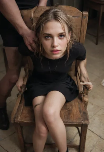 39 year old female, podgy body type, blonde hair tied up in a bun, sitting on chair, black dress, skirt, black sheer pantyhose, looking up her skirt, view from beside, view under her skirt, focus on her lace briefs panties, close-up on her panties, cute panties, sultry stare, torture chair, ropes, forced to pose, captured woman, rape fantasy, saying help me, save me pose, Ransome video stills, bondage roleplay, being kidnapped, abduction, rape scene, doused in water, soaking wet, wet hair, please save me image, in the basement, torture scene, held captive for ransom, playing as a dead body in a movie, scene from a horror movie, Texas chainsaw massacre movie, scene frame from a movie, lifeless, <lora:Chubby BBW - XL:.5>, <lora:hrg:.7>, <lora:MS_Real_XL_Bukkake:.6>