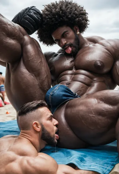 black daddy rimming little white asses, 60-years-old, muscles, big pecs, (big pecs:1.3), big bulge, big booty, full beard, big thick mustache, (short afro haircut:1.1), dark black skin, (black skin:1.4), (black daddy:1.6), a black daddy is rimming littles white asses, lick asshole, lick little white asses boys, denim, daisy duke short, unbuttoned denim short, flashy multicolor thong apparent, lying on towel, in sunny beach, saliva, (saliva:1.5), (three different men:1.4), from front daddy view, view from below, look the viewer, (rimming asses:1.4)