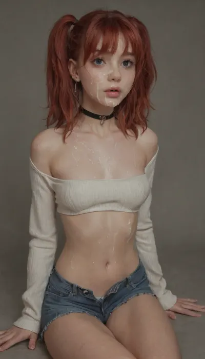 full portrait of woman kneeling, view from above and in front, ((very cute 19 years old)), ashamed expression, ((high detailed skin)), high quality, detailed skin texture, (highly detailed hair), ((skinny body)), ((slim body)), (realistic), soft focus, insanely detailed, highest quality, ((white tube top)), midriff, tight jean shorts unbuttoned, choker on neck, naked waist, bright red hair, pigtails, ((excessive cum on face)), bukkake facial, lots of cum drips on sweater, lots of cum, 4ng3l, face, <lora:SDXL_BetterFaces-LoRA_v1:.6>