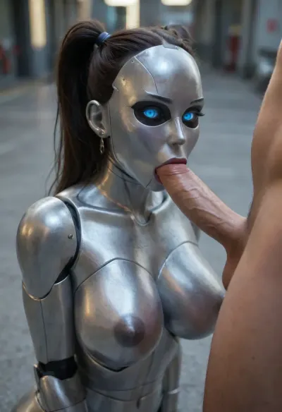 1woman robot, 1man, human male, robot milf, mature robot, robot woman maid, ((giving a blowjob:1.5)), on her knees, sucking a dick, sucking a penis, penis in her mouth, ((blowjob:1.5)), sided. side view, side perspective, ((looking at viewer)), sexy robot body, (metallic), perfect body, ((sparkling blue iris)), (shiny blue iris), (glowing eyes), (black sclera:1.3), ((metallic face:1.7)), (metallic face color:1.7), female robot face, sex droid, sex robot, cybernetic, (female robot:1.3), black joints, assembly joints, cybernetic joints, ((big breasts)), ((big boobs)), metallic breasts, (metallic boobs), plastic nipples, black nipples, fake hair, (black hair), plastic hair, hair inserts, (hair twin ponytails:1.1), (twintails:1.1), (freckles), ((metallic skin:1.3)), (dark metallic skin color:1), highly detailed, photography, ultra sharp, film, bokeh, professional, 64k, perfect illumination, (best shadow), 8K, UHD, sharp image, (best illumination), ultra-detailed, fine detail, highres, 8k wallpaper, masterpiece, high definition, dramattic lighting, photorealistic, extremely realistic, (best quality), high resolution, (high quality), (super detail), (highest quality), (best details), (perfect lighting), perfect natural lighting, (best shot), (best lighting), vivid color, picture taken with nikkon d750, 120mm lens, professional photo, Fujifilm XT3, analog style, professional DSLR photograph, LadyArmaroid1024, FUNDING, future, concept, cyber, black, sclera, <lora:sdxl-testlora-body-metallic-04:.9>, <lora:LadyArmaroid1024:1>, <lora:FN_RONhe-WeiLai:.9>, <lora:EnvyCyberXL01:1>, <lora:add-detail-xl:.9>
