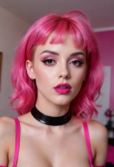 View from below, Femboy bimbo in pink bedroom, ((very skinny and tall)), 18 yo, bimbo slut, messy pink hair, ((very big plump lips)), tiny breast, flat chest, heavy bimbo makeup, ((bimbo makeup, intense saturated glossy magenta lipstick)), thick chocker, pink latex long gloves, smirk, (femboy erected penis)