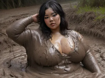 (subject, a asian nude fat bbw woman with big tits and short black hair lying doggystyle in a mud pit, description, her body, face, and hair are covered in mud, viewed directly from the front, front view, she is looking into the camera, style/aesthetic, dark, intense, hair is completely covered with mud. and dramatic with a realistic photography style), plus size, covMudTI, mud, <lora:dirty_mud_v0.4:.3>, <lora:Real BBW V1:.5>