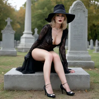 photo from afar of a dark cemetery lighthe from torches, full body hairy pussy view, perfect very long legs, 66 yo. elegant noble lady, very straight dark balayaged blond hair, wrinkled deanna troy, diamong necklace, diamond earrings, belly gold chain, sitting one leg apart on abonnet of a grave gravestone, under a long black wedding dress she is naked and show it, black large brimmed hat, black transparent detailed wedding dress, black hat, black wedding dress, black veil, long gloves, night satanic ritual, she has natural hairy pussy, wrinkled deanna troy face show her pussy, ugly face, sex hungry, dark lipstick spreaded legs, snake tattoo on the arch of one feet, anklet, legs on bonnet, outdoors, wrinkles on her neck, her wrinkles on face, she gently moves to one side dress to show hairy pussy, high heels