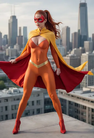 Pyro Vixen, super heroine, vibrant colors, (orange costume with yellow accents), (red cape), (long flowing red hair in a ponytail), slight tan, ((muscular)), fit, (toned), ((large breasts)), (orange mask), action pose, on top of building, city in background