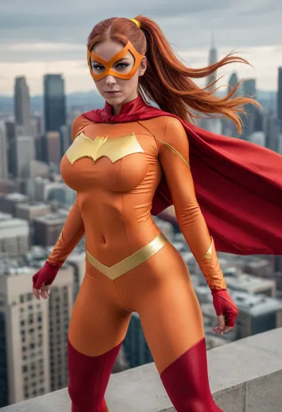 Pyro Vixen, super heroine, vibrant colors, (orange costume with yellow accents), (red cape), (long flowing red hair in a ponytail), slight tan, ((muscular)), fit, (toned), ((large breasts)), (orange mask), action pose, on top of building, city in background