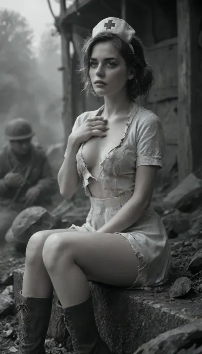 Score_9, score_8_up, score_7_up, ultra realistic vintage photo of a sexy female military nurse in World War I, side view, sitting on battlefield, covering chest, torn vintage nurse uniform revealing one bare breast, (dirty face with sweat and grime), legs forward, wild messy hair, intense expression, smoke and gray clouds in the sky, smoke and explosions in the background, a lot of soldiers on background, dramatic cinematic lighting, battlefield atmosphere, detailed skin texture, stockings and boots, 1910s military aesthetic, photorealistic, old film camera, (monochrome, sephia, vignette), fdec, tcc_foundphotos, <lora:MJ52:.8>, <lora:fdec:.8>, <lora:vintagephoto_training_data:.8>