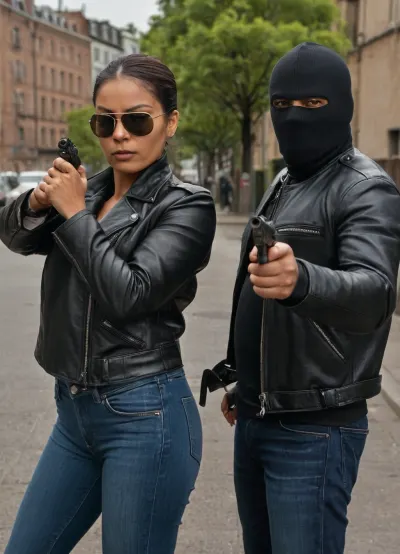 Man and a woman on a street. the man is wearing a black leather jacket, blue jeans, and a black balaclava covering his face. he is holding a gun in his right hand and appears to be pointing it towards the woman. the woman is standing in front of him, holding a pair of sunglasses in her left hand. she is looking up at the man with a serious expression on her face. in the background, there are buildings and trees., DRSL camera, 8k ultra HD, hinaigirl, dark, skin, large, breasts, boobs, tits, <lora:SDXLHighDetail_v6-000005:.8>, <lora:MaybeBetterFaceInFullBodyLora_XL_rev3:.8>, <lora:Darker_skin_SDXL:.8>, <lora:bombshell_v2:.8>