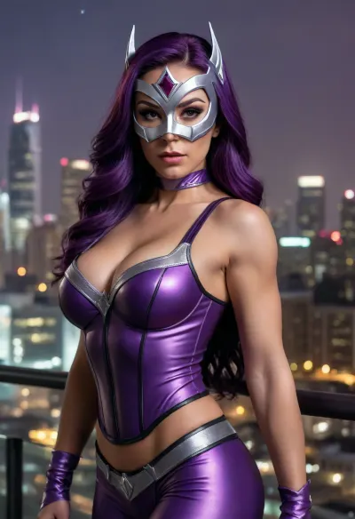 Night Whisper, super heroine, (milf), (purple and black costume), ((large breasts)), long purple hair, (visored purple mask), ((muscular)), (toned), fit, on top of building, city skyline background, hyperrealistic skin tones, silver crown with purple gem, confident stance, close-up, three quarter view