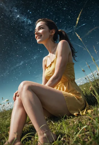 score_9, score_8_up, score_7_up, score_6_up, Expressiveh, g0thicPXL, 1girl, medium breast, long black hair, ponytail, brown eyes, bare shoulders, fit thighs, yellow sundress, smiling, looking up, sitting on a grass, legs stretched out, hands on the ground, grassland, starry night, from below, from side, low angle