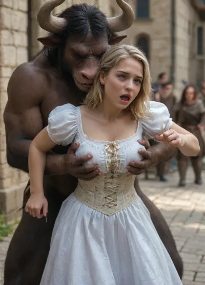 Le cri désespéré de la jeune fille

- Oui.

Dans une cour médiévale, une blonde aux cheveux noirs dans une robe colorée crie alors qu'un immense minotaure l'attrape par derrière. Le chevalier se précipite pour la sauver, mais le minotaure déchire ses vêtements et la grippe approximativement avant qu'elle puisse s'échapper. Elle lutte et scrue, son visage rempli de peur alors que les griffes du monstre creusent dans ses bras. Pendant ce temps, un autre minotaure s'approche d'un angle latéral, se préparant à attaquer.