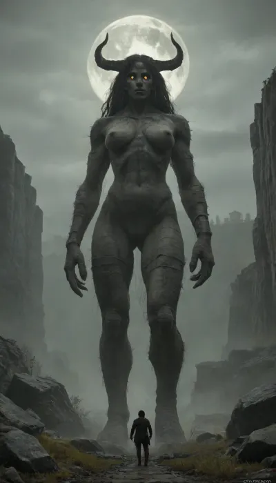Female stone colossus made of mossy boulders, Long flowing hair like cracked rock tendrils, Rounded shoulders, curved silhouette fading into fog, beautiful face — smooth stone skin, perfect body, huge tits, (tiny knight standing near colossus:1.4), low angle, size difference, Thick grey mist swallowing her lower body, tiny knight standing near colossus, Barren hills below, dead trees like cracks in the sky, Pale moon barely visible through clouds, Desaturated colors, (stone grey, moss green, fog white), Painting by Caspar David Friedrich, A24 film still, lonely and silent, Sea of fog drowning everything below her ribs, Storm clouds grazing her shoulders, Sharp diagonal rock lines converging to her form, Monochrome with moss-green hints, Terrence Malick cinematography, Stone texture masterpiece, giant, skull, glowing, eyes, made, of, stone, <lora:Colossus-000004:.8>