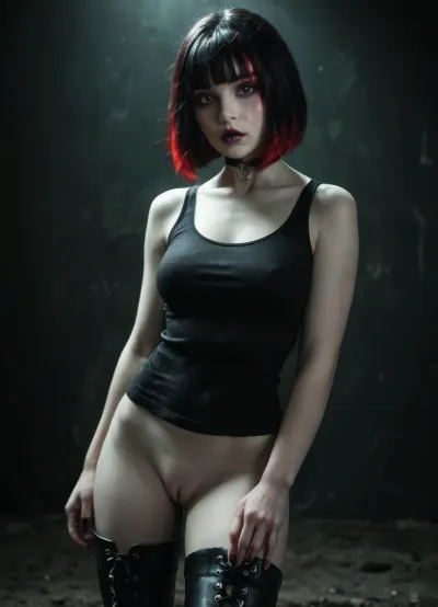 Slender 21yo woman, (bob cut and bangs black hair:1.3), (red highlights), Oval high cheekbone face. Wide jaw., (Pale skin:1.5), with soft features, heavy dark eyeliner and purple lip gloss.

Wide brown eyes, filled with devotion and submission, (Wearing black tank top, dark tight side laced leggings and high heel boots. Also wearing a thick black choker), Submissive body language, (Standing in a dirty dark room), realistic detailed face, detailed hair, realistic detailed body, realistic detailed skin, realistic detailed breasts, realistic detailed pussy, random view angle, action pose, <lora:add-detail-xl:1.5>, <lora:style_lora_realis:.5>, <lora:dark:.8>, detailxl