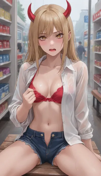 The anime character "Chainsaw" Power is a young girl with blonde hair, whose long hair reaches the middle of her back. She has light red devil-like horns sticking out of the top of her head, red and yellow cross-shaped eyes, and sharp teeth with well-defined fangs. She's wearing an ordinary shirt with two slightly unbuttoned buttons, a push-up bra that accentuates her breasts, short shorts that stick into her vagina, a beautiful, neat vagina, sitting on a bench in the rain, all wet, next to a Japanese-style store., <lora:outline_xl_kohaku_delta_spv5x:1.3>, <lora:NEOTOKIOXL_0.2_RC:.7>, <lora:Ppolar-P3v1-NbVp10:.7>, <lora:one breast out XL:2>, <lora:cartoon_stickers_xl_v1:.5>