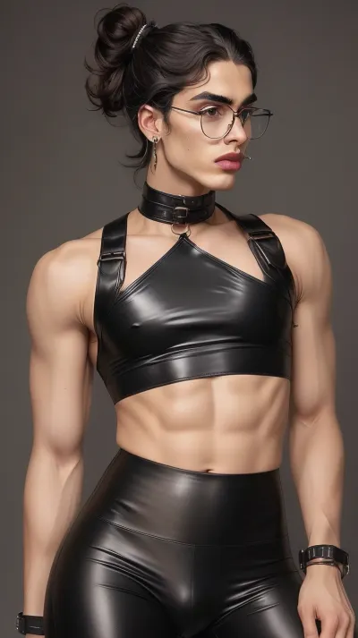 A digital portrait of a soft, self-conscious crossdressing boy. He wears a tight, black tube crop top — flat and strapless — baring his smooth with no suggestion of cleavage, with a vulgar and trashy mini short. The clothes are woman clothes, in a trashy bimbo style. He has a slim chest. His arms are very slim. His body is slim and lightly athletic, narrow waist, soft contours, and gentle curves in his limbs. His black vinyl leggings are extremely short and cling tightly around his thighs and groin, clearly outlining a visible bulge beneath the glossy fabric. Both the crop top and leggings leans the look toward trashy. He wear a black lipstick, his lips are pouty, black and feminine in a bimbo way.

His body is androgynous, not muscular.

His smooth skin is hairless, emphasizing his exposed body and submissive presentation. His clean-shaven face is heavily painted with cheap black lipstick, mismatched blush, and thick eyeliner. While the makeup is loud and uneven, his facial features remain male — a softly angular jaw, and slightly thick brows — but softened enough to appear uncertain and vulnerable. His large, anxious brown eyes peer out from behind round glasses, betraying both fear and a desperate need for approval. Between his legs, a bulge is visible underneath his short.

His dark brown hair is natural, long, and styled in a feminine way, with girly schoolgirl pigtails. No wig. He wears cheap earrings, a black choker, and flashy accessories that exaggerate his bimbo transformation. The background is a narrow street in Paris streets by night. It is midnight. He is looking at the camera in a shy and submissive way. The image blends anime and realism, capturing his erotic vulnerability.