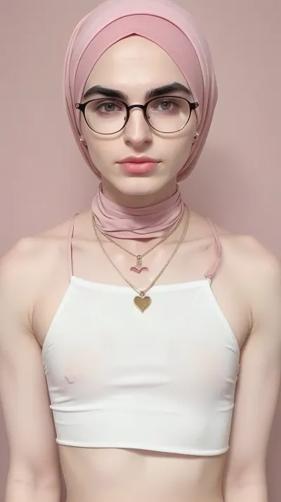 25 years old white man
- he is a crossdresser
- Mini-short with a visible bulge
- Slutty crop top on a flat masculine chest
- Round glasses
- Masculine chest
- Thick eyebrows
- Thick eyebrows
- Heavy pink makeup
- Pink collar
- Heart pendant
- It's a femboy
- androgynous
- brown hair
- very pale skin
- Wear a hijab

Backstory, White man that has been islamized and femenized by force and is forced to live as a muslim women