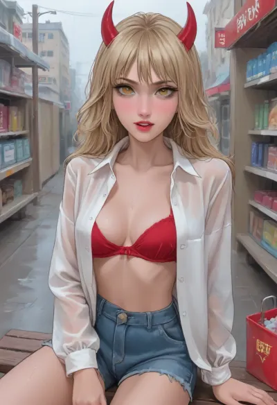 Aroma, (2d sketch:1.5), The anime character "Chainsaw" Power is a young girl with blonde hair, whose long hair reaches the middle of her back. She has light red devil-like horns sticking out of the top of her head, red and yellow cross-shaped eyes, and sharp teeth with well-defined fangs. She's wearing an ordinary shirt with two slightly unbuttoned buttons, a push-up bra that accentuates her breasts, short shorts that stick into her vagina, a beautiful, neat vagina, sitting on a bench in the rain, all wet, next to a Japanese-style store., white background, front view, ratatatat74, <lora:NEOTOKIOXL_0.2_RC:.8>, <lora:cartoon_stickers_xl_v1:.8>, <lora:ratatatat74-000050:.8>, <lora:outline_xl_kohaku_delta_spv5x:.8>