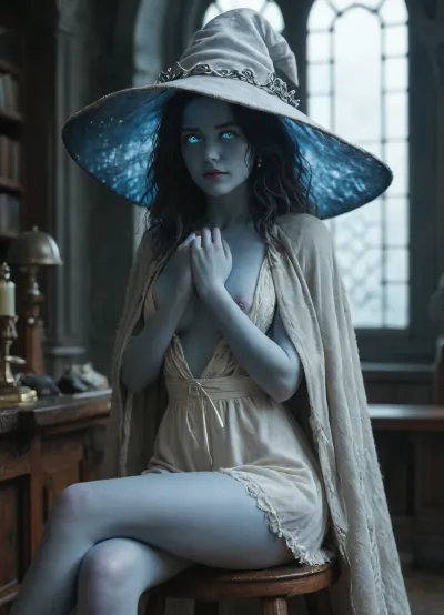 Rating_explicit, source_anime, (masterpiece, best quality, ultra-detailed), dark fantasy, Ranni the Witch from Elden Ring, four blue arms covering nipples, (ethereal blue skin:1.4), intricate silver crown, flowing blue hair under wide witch hat, tattered azure robes, glowing spectral eyes, seated on stool, legs crossed, cutout dress, nude breasts, astronomical devices on background, star charts, celestial globes, moonlit chamber with crumbling stone architecture, frost-covered books and scrolls, floating runes, cold mist, volumetric moonlight through broken ceiling, dark souls aesthetic, muted palette, cobalt blue, lunar silver, deep crimson accents, IncrsXLRanni, wavy, hair, cracked, skin, colored, blue, (extra, faces), extra, arms, doll, joints, white, dress, hat, cloak, <lora:RanniXLV2:.8>, <lora:1281424_training_data:.8>, <lora:MJ52:.8>