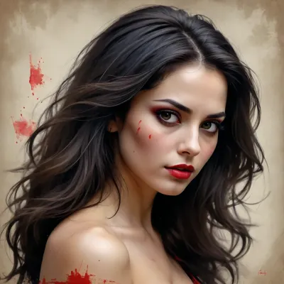 woman 35 yers old, Sketch painting. Old yellowed parchment, ink blots, bold black strokes, female, simple composition, striking usage of minimal red strokes. touching. kind eyes. elaborate hair. dark makeup. very long black curvy hair