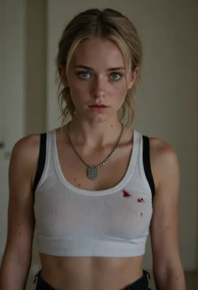A realistic detailed perfect beautiful young woman stands centered in the frame, filling the midground. She wears a white ribbed tank top, revealing a hint of her abdomen and perfect poking nipples, and a dark utility belt sits low on her waist. Her short, wavy blonde hair is styled in pigtails. She has a fair complexion with lots of freckles, perfect dark blue eyes, black eyeliner, marked with a few visible scratches on her left shoulder and a smear of blood on her chest. Her expression is serious, with a slight furrow in her brow and a determined gaze, her gorgeous and innocent face can't fool the viewer, she is a really badass warrior. A silver chain necklace with American military identification plates adorn her neck. The background is a muted gray, suggesting an institutional setting, possibly a corridor. A blurred, rectangular window or doorway is visible to the left, casting a soft, diffused light that illuminates the scene. The lighting is even, creating a realistic and slightly gritty ambiance. The overall color palette is cool and neutral, dominated by grays, whites, and blonde tones. The viewpoint is at eye level, creating a sense of direct engagement with the subject. The mood is tense and resolute, hinting at a recent struggle or conflict. The photographic approach is realistic, aiming for a natural and unposed depiction of the woman.
