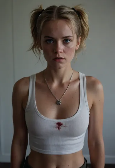 A realistic detailed perfect beautiful young woman stands centered in the frame, filling the midground. She wears a white ribbed tank top, revealing a hint of her abdomen and perfect poking nipples, and a dark utility belt sits low on her waist. Her short, wavy blonde hair is styled in pigtails. She has a fair complexion with lots of freckles, perfect dark blue eyes, black eyeliner, marked with a few visible scratches on her left shoulder and a smear of blood on her chest. Her expression is serious, with a slight furrow in her brow and a determined gaze, her gorgeous and innocent face can't fool the viewer, she is a really badass warrior. A silver chain necklace with American military identification plates adorn her neck. The background is a muted gray, suggesting an institutional setting, possibly a corridor. A blurred, rectangular window or doorway is visible to the left, casting a soft, diffused light that illuminates the scene. The lighting is even, creating a realistic and slightly gritty ambiance. The overall color palette is cool and neutral, dominated by grays, whites, and blonde tones. The viewpoint is at eye level, creating a sense of direct engagement with the subject. The mood is tense and resolute, hinting at a recent struggle or conflict. The photographic approach is realistic, aiming for a natural and unposed depiction of the woman.