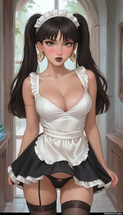 Chel from Road To Eldorado., (((Brown Skin:1.6))), Aroma. She has long Black hair tied in two ponytails. Her eyes are a pleasant shade of black. Her lips are painted with black lipstick. with big eyes, huge breasts, dressed in a maid's dress, lifting her skirt with her hands to show her lace stockings and panties, large cleavage and protruding breasts, big breasts, slightly plump lips, style anime, inspired illustration, ratatatat74, <lora:ratatatat74-000050:.6>, <lora:outline_xl_kohaku_delta_spv5x:1.4>, <lora:cartoon_stickers_xl_v1:.5>, <lora:NEOTOKIOXL_0.2_RC:.4>, <lora:AshMilkshake_Illustrious_v1:1.5>