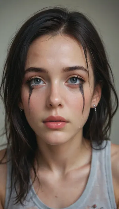 Very pretty 18 year old girl, cute, (crying, running mascara, long black hair)